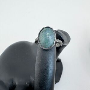 Vintage Lou Ann Berkley 925 Sterling Silver Ring Green Art Glass Cabochon